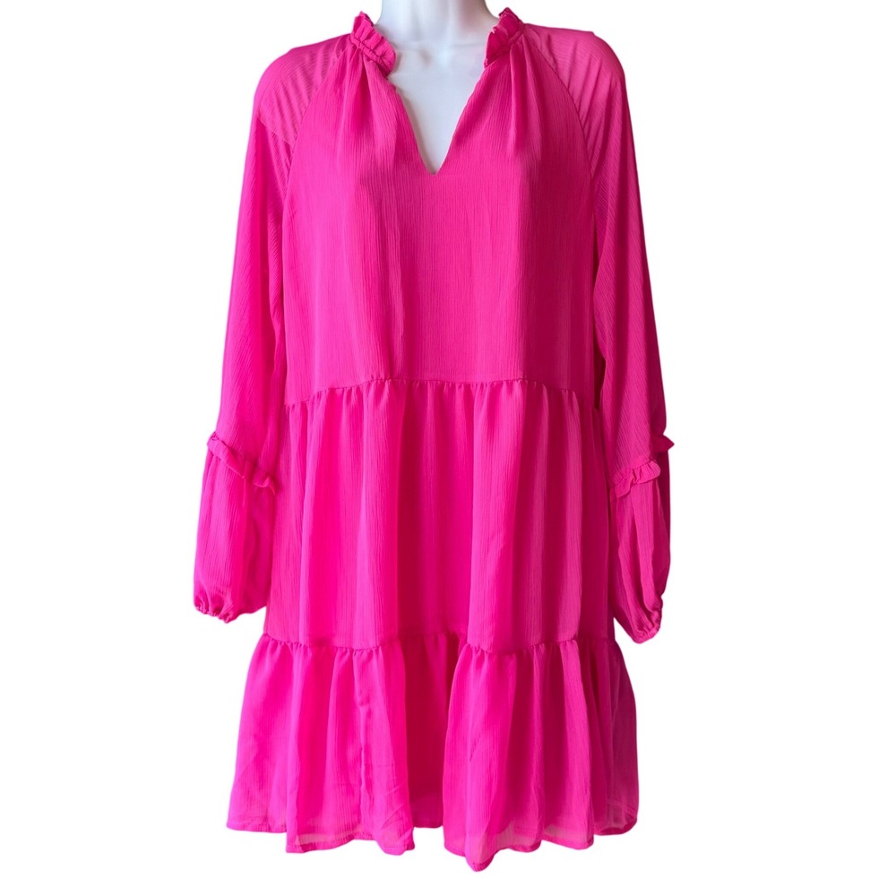 Vince Camuto Pink Tiered Ruffle Dress Long Sleeve Shift Size Small